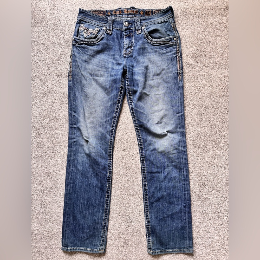 Rock Revival Gore Y2K Straight Leg Jeans Size 33x32 Naturally Distressed